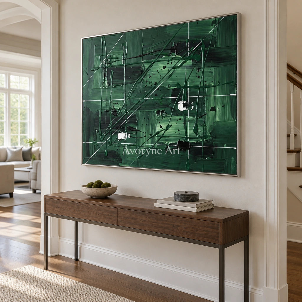Golden Reverberation linear abstract wall art with a silver frame in an entryway