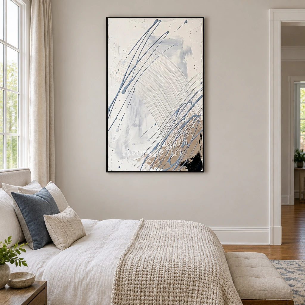 Golden Dialogue linear abstract wall art with a black frame above a bed in a bedroom