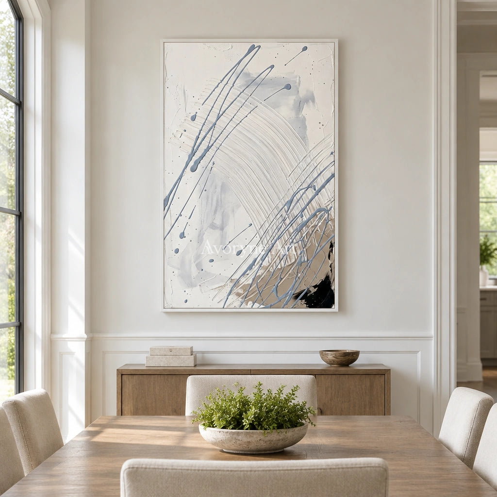 Golden Dialogue linear abstract wall art with a white frame in a dining room