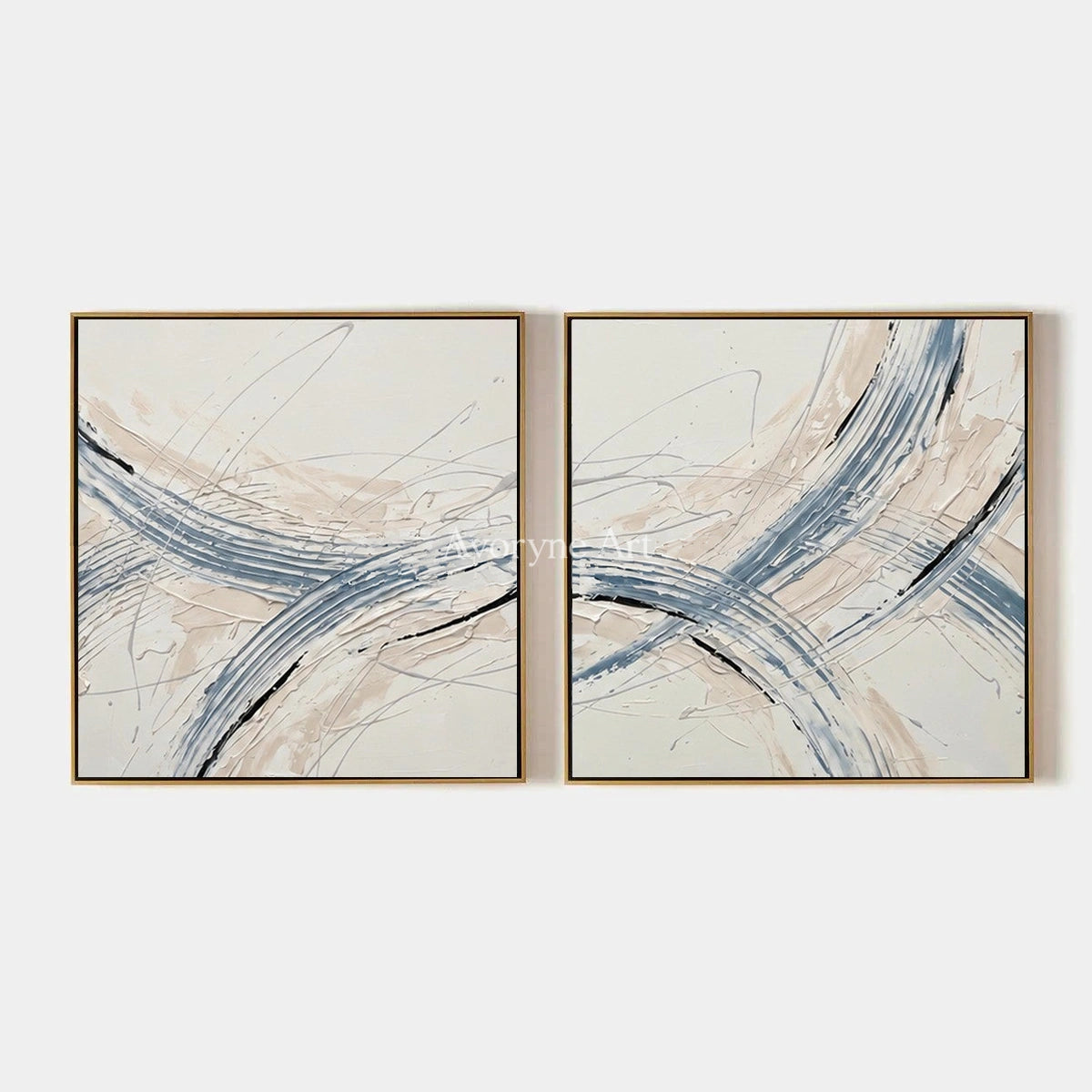 Golden Drift, hand-painted linear abstract diptych by Mei Arlen Zhao