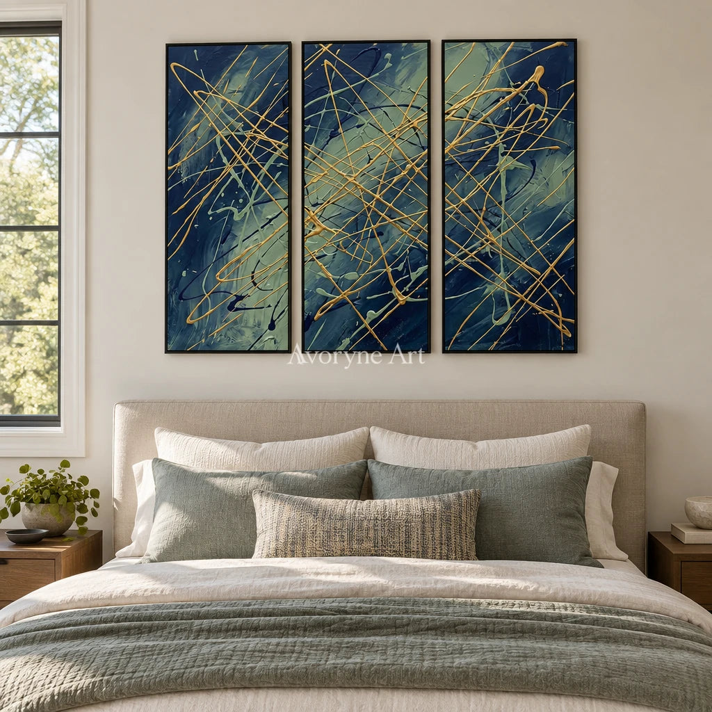 Silver Vista linear abstract triptych with a black frame above a bed in a bedroom