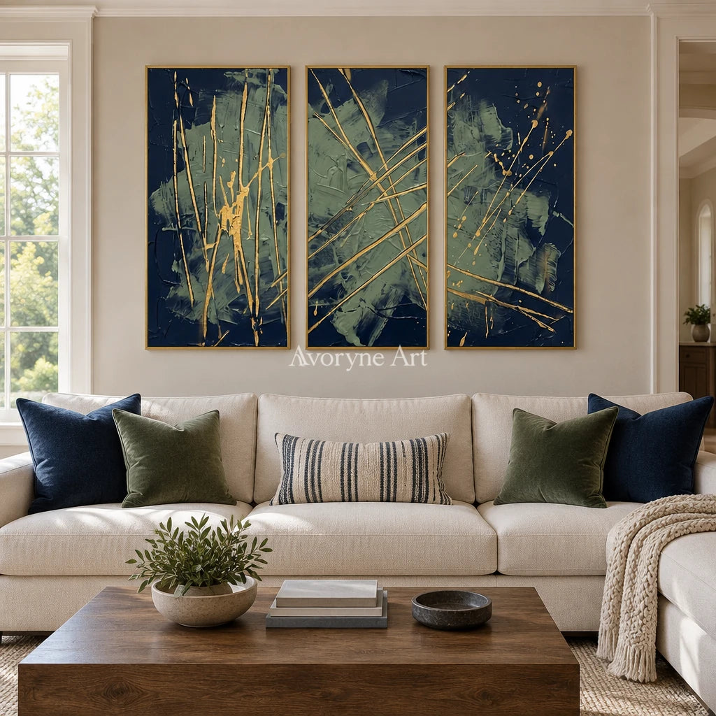 Silver Solace linear abstract triptych with a gold frame hanging in a living room