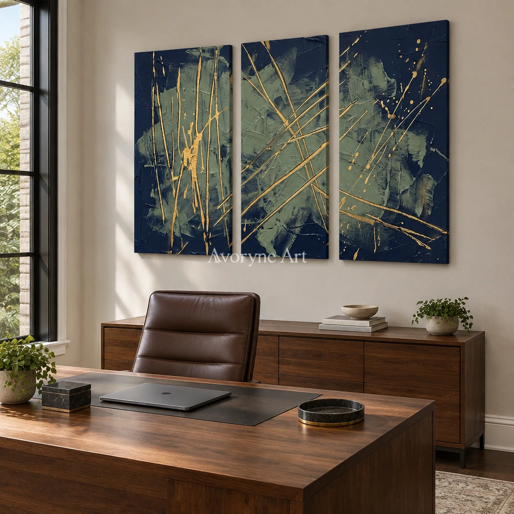 Silver Solace linear abstract triptych as a frameless stretched canvas in a home office