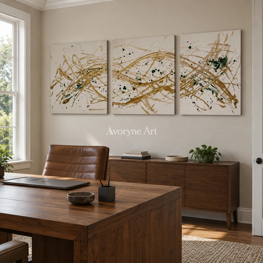 Golden Reverie linear abstract triptych as a frameless stretched canvas in a home office