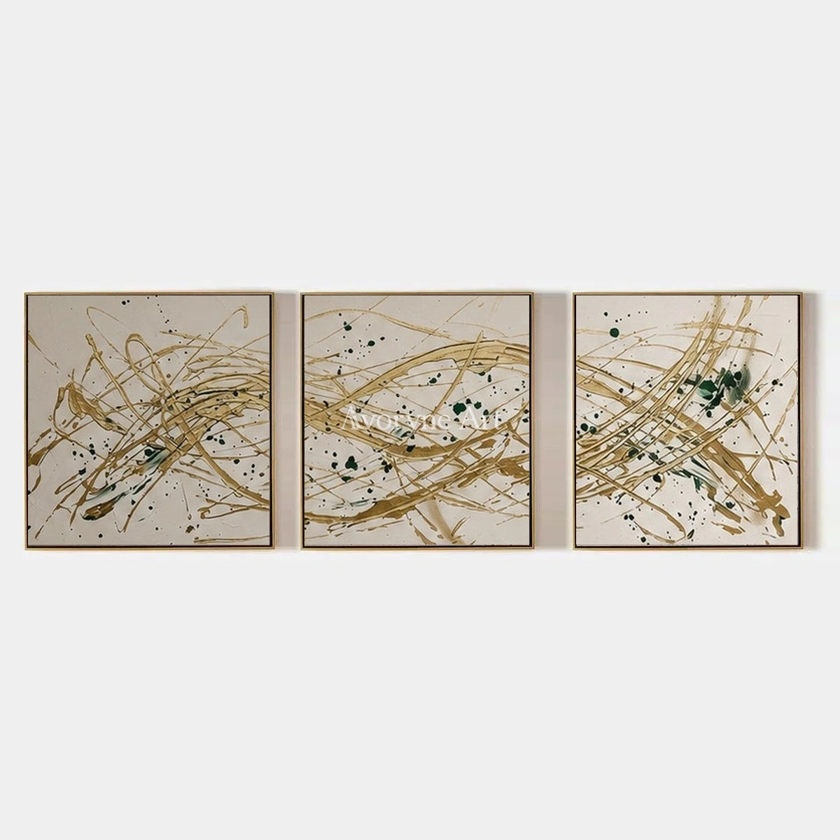 Golden Reverie, hand-painted linear abstract triptych by Mei Arlen Zhao