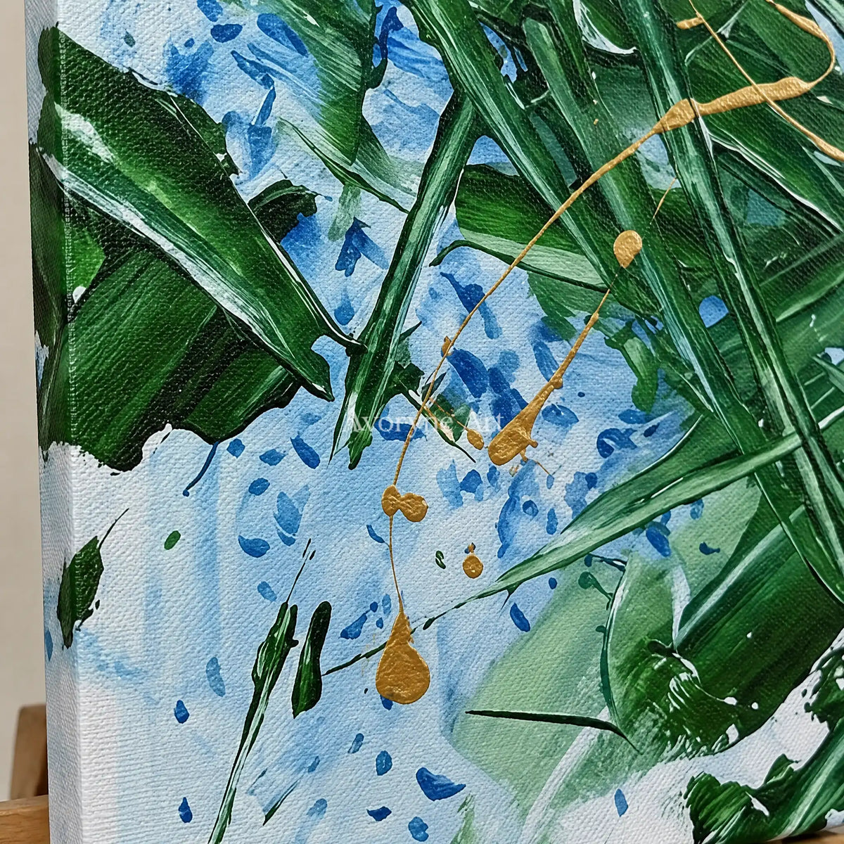Close-up of the hand-painted texture of Golden Memory linear abstract triptych on an easel