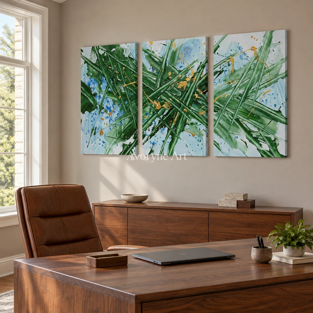 Golden Memory linear abstract triptych as a frameless stretched canvas in a home office