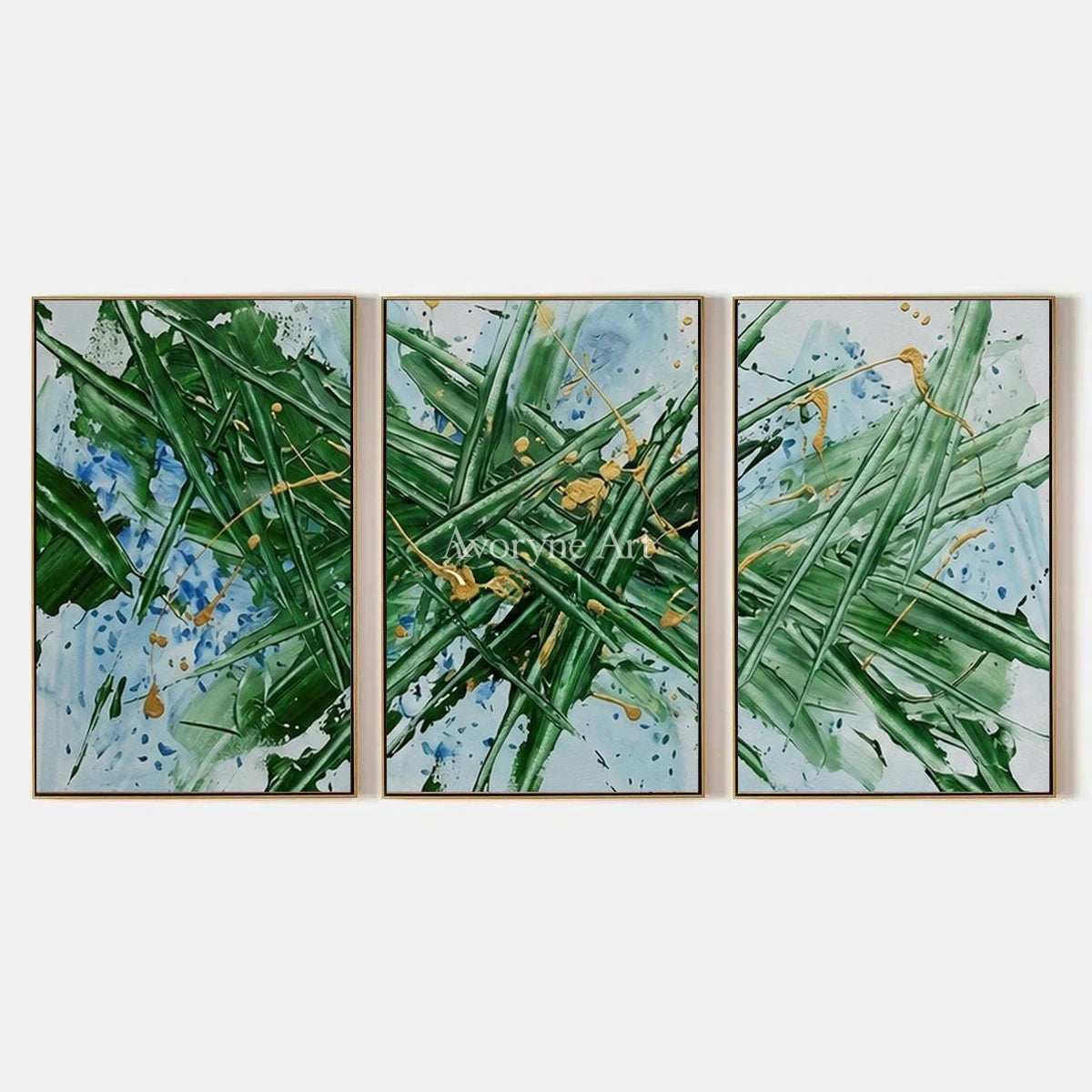 Golden Memory, hand-painted linear abstract triptych by Mei Arlen Zhao