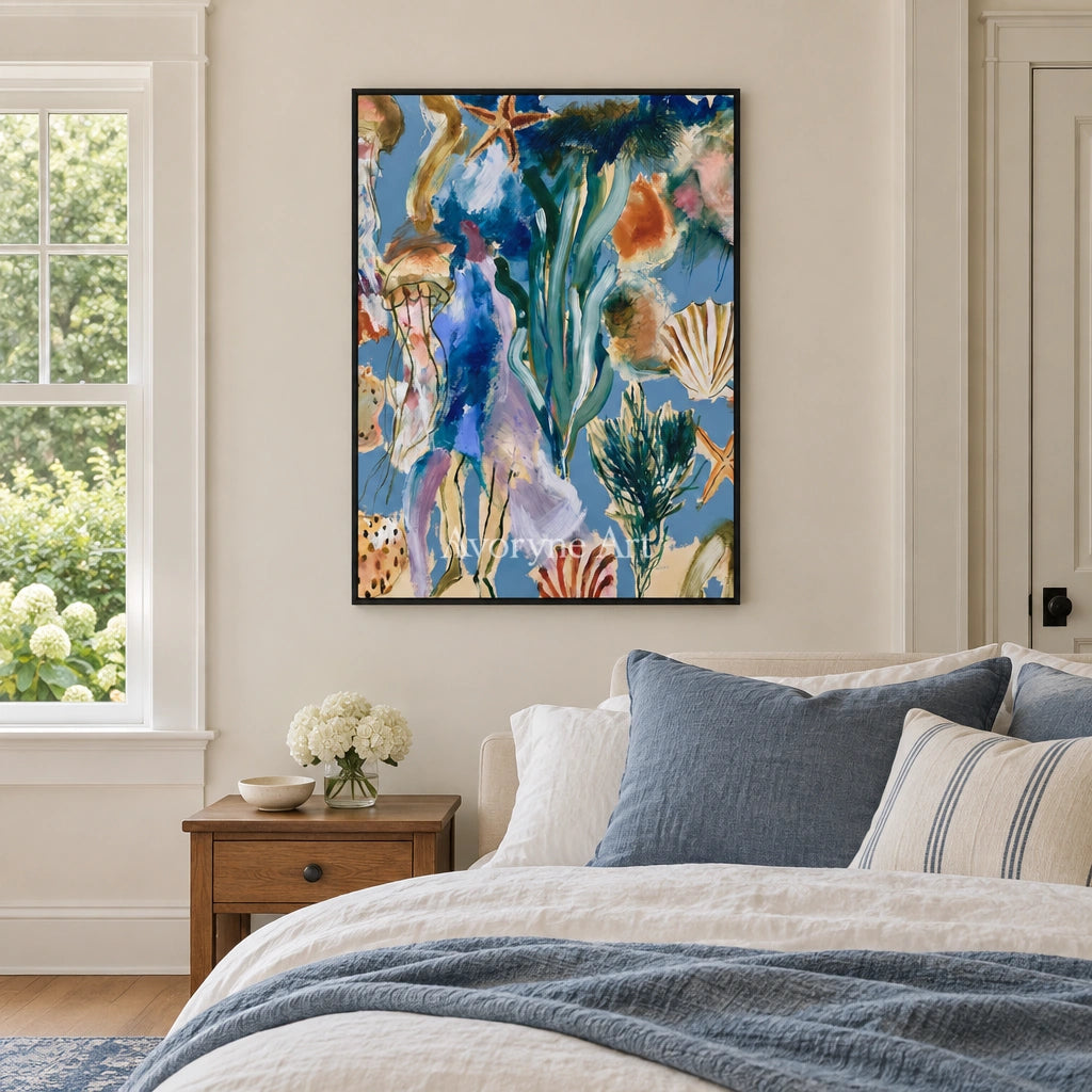 Ivory Painted Solace: Marine Botanical Art — bedroom black