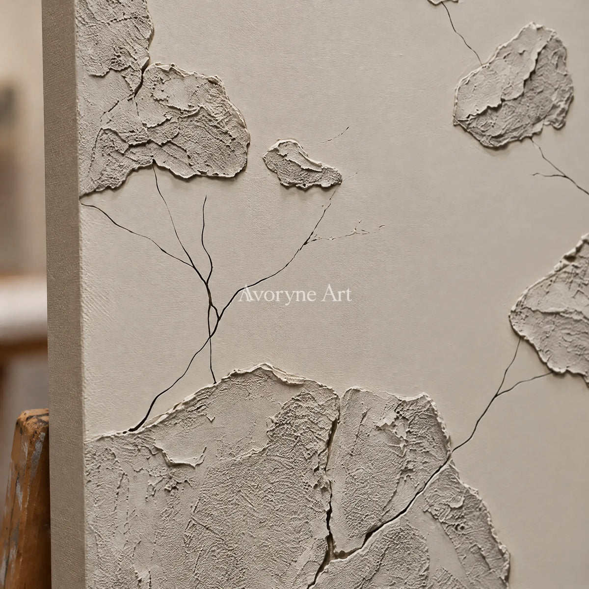 Close-up of the hand-painted texture of Amber Verse mineral texture wall art on an easel