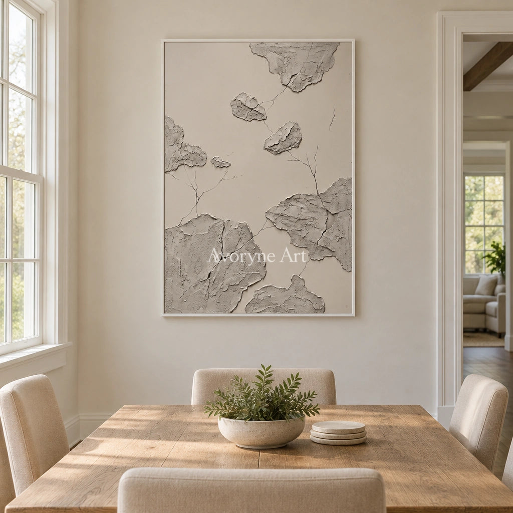 Amber Verse mineral texture wall art with a white frame in a dining room