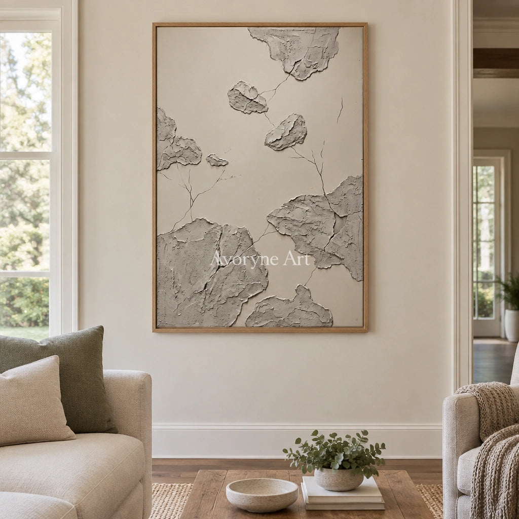 Amber Verse mineral texture wall art with a wood frame in a villa living space
