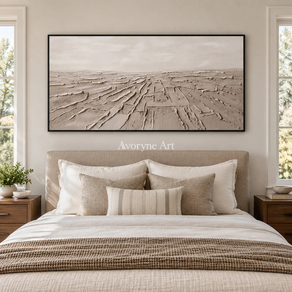 Soft Verse mineral texture wall art with a black frame above a bed in a bedroom