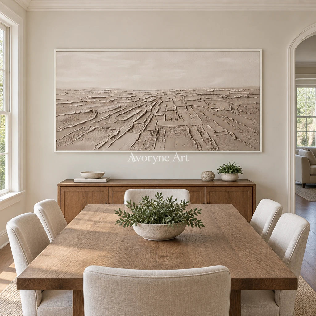 Soft Verse mineral texture wall art with a white frame in a dining room
