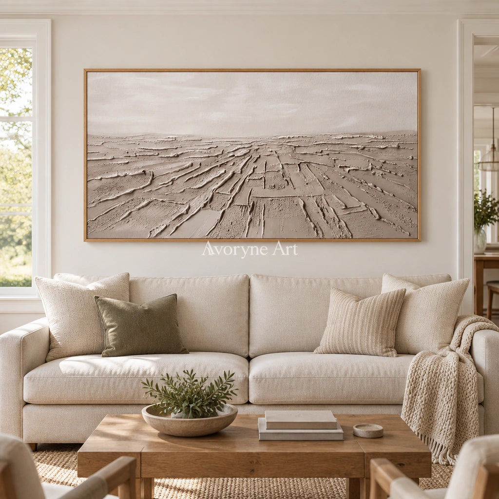 Soft Verse mineral texture wall art with a wood frame in a villa living space