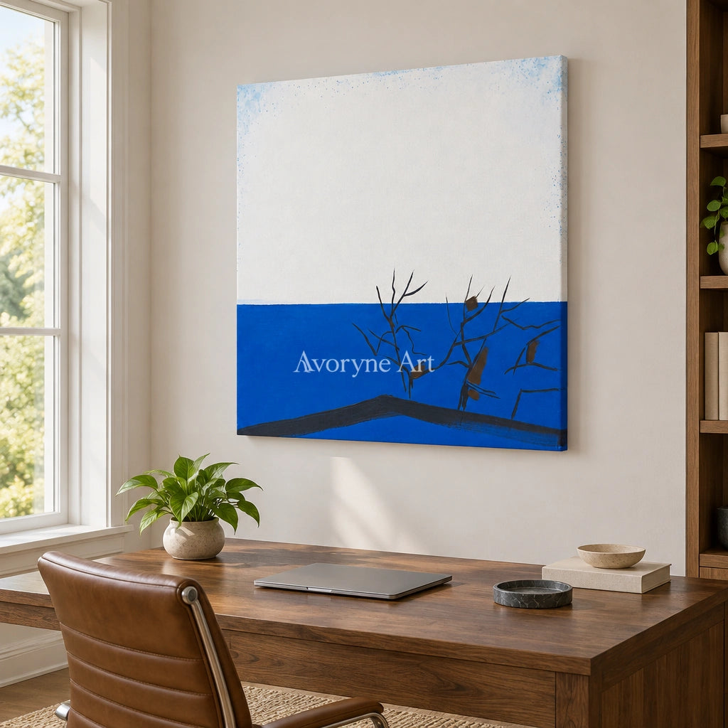 Deep Reverie minimal branch wall art as a frameless stretched canvas in a home office