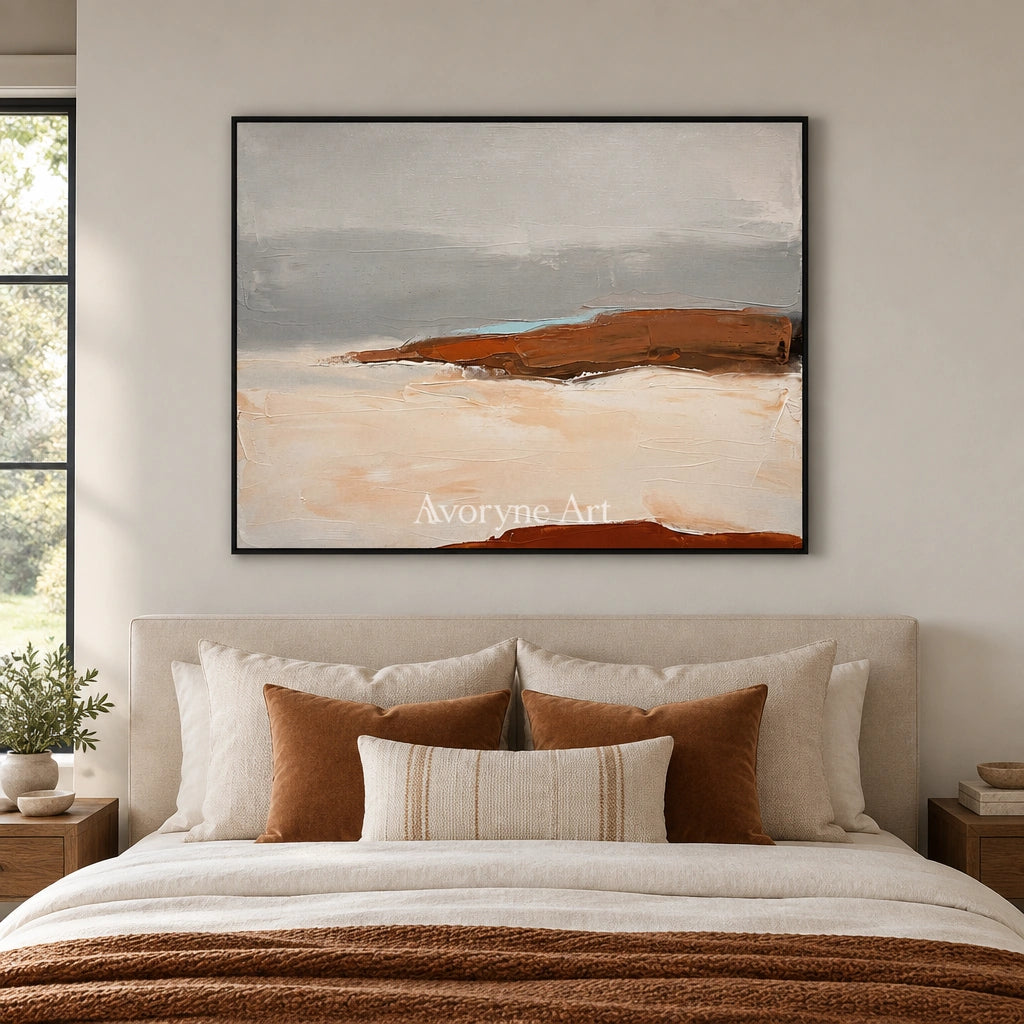 Blue Prelude minimal landscape wall art with a black frame above a bed in a bedroom