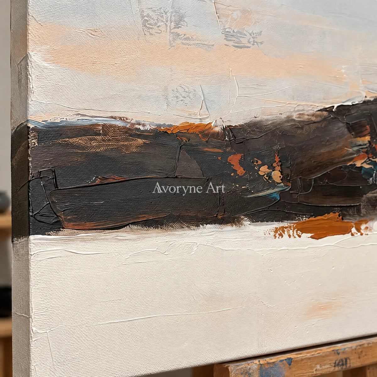 Close-up of the hand-painted texture of Blue Trace minimal landscape wall art on an easel