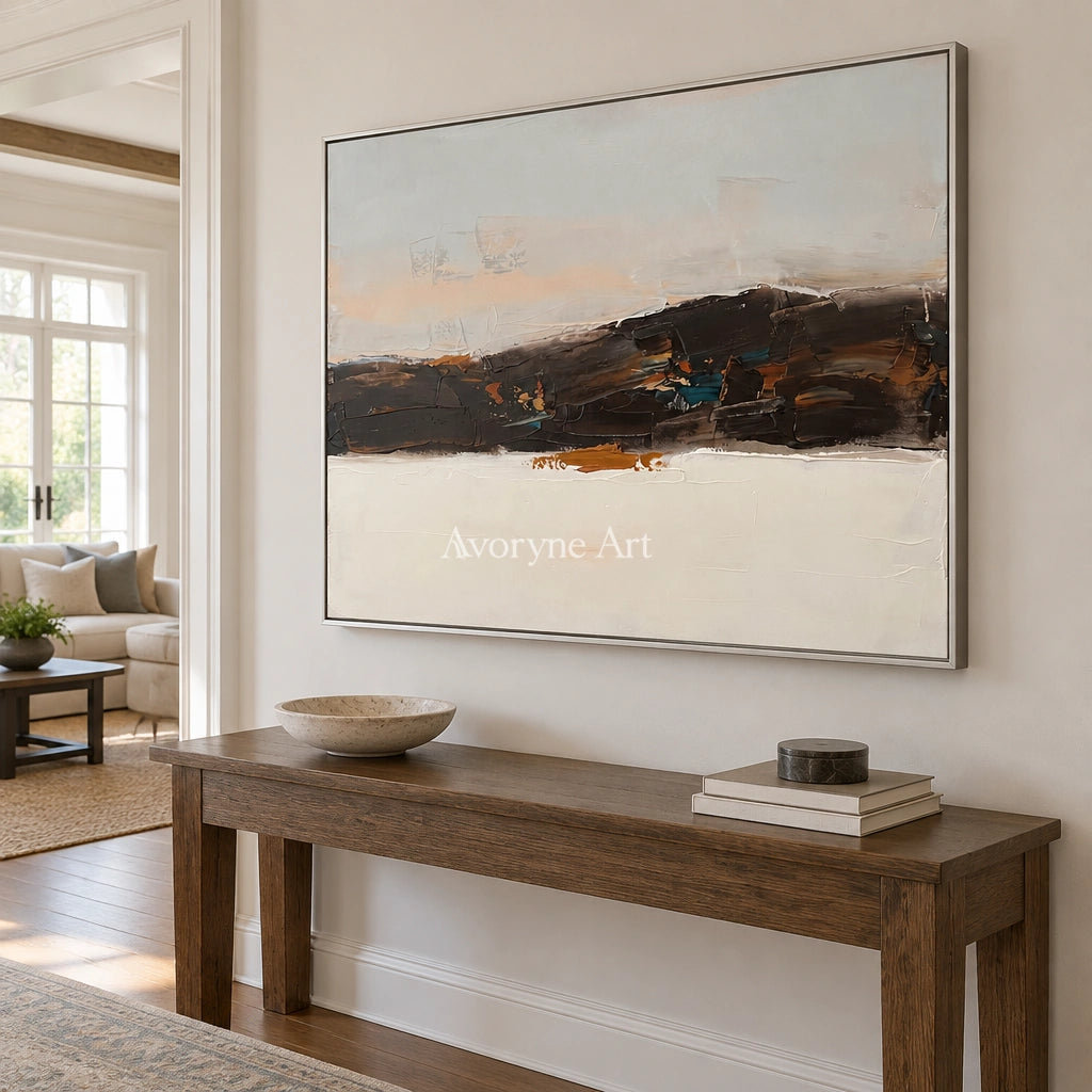 Blue Trace minimal landscape wall art with a silver frame in an entryway