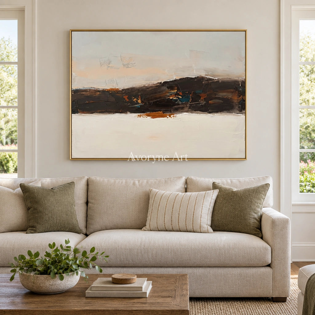 Blue Trace minimal landscape wall art with a gold frame hanging in a living room