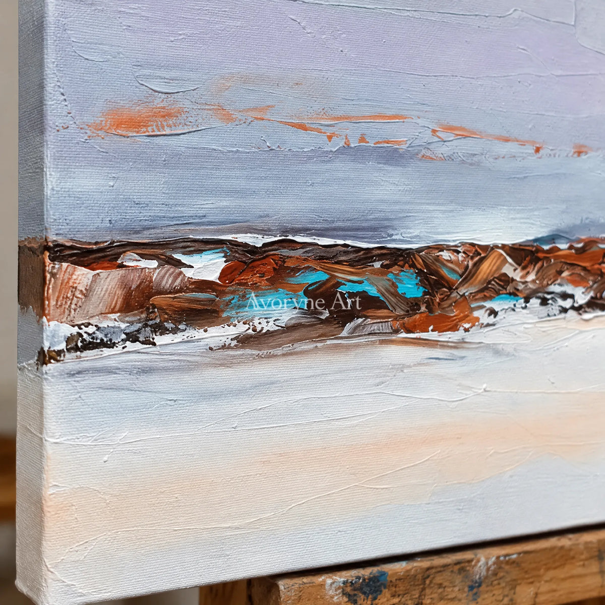 Close-up of the hand-painted texture of Blue Reverberation minimal landscape wall art on an easel