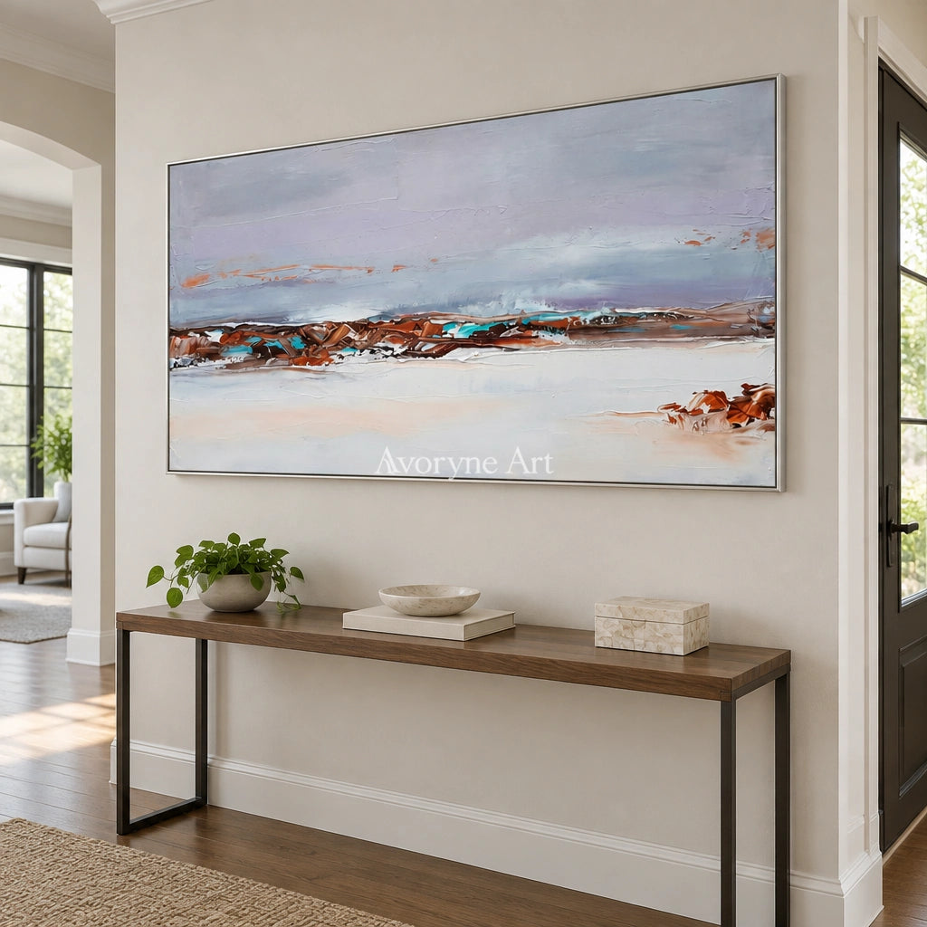 Blue Reverberation minimal landscape wall art with a silver frame in an entryway