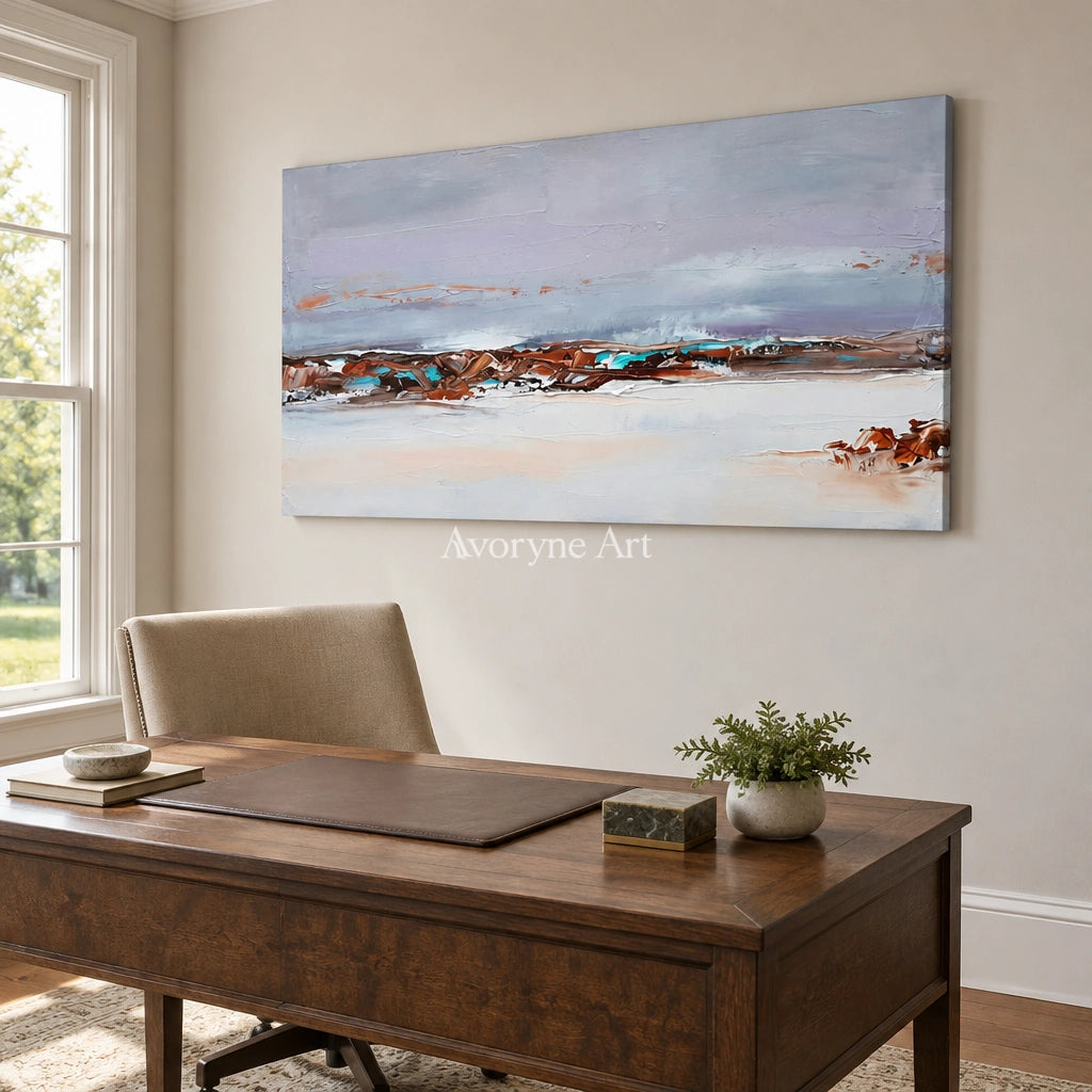 Blue Reverberation minimal landscape wall art as a frameless stretched canvas in a home office