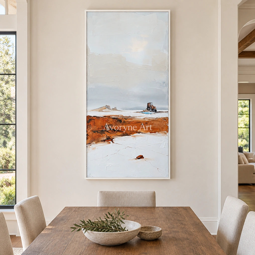 Pale Reverie minimal landscape wall art with a white frame in a dining room