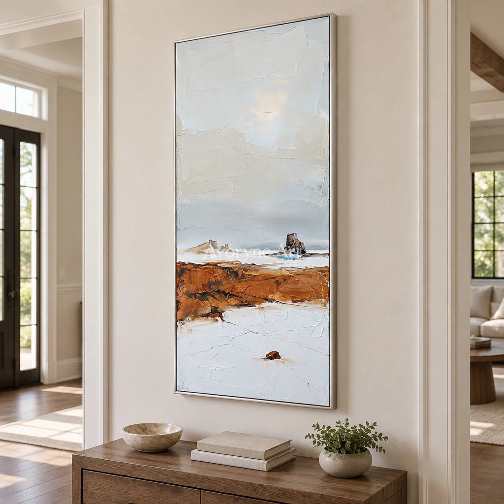 Pale Reverie minimal landscape wall art with a silver frame in an entryway