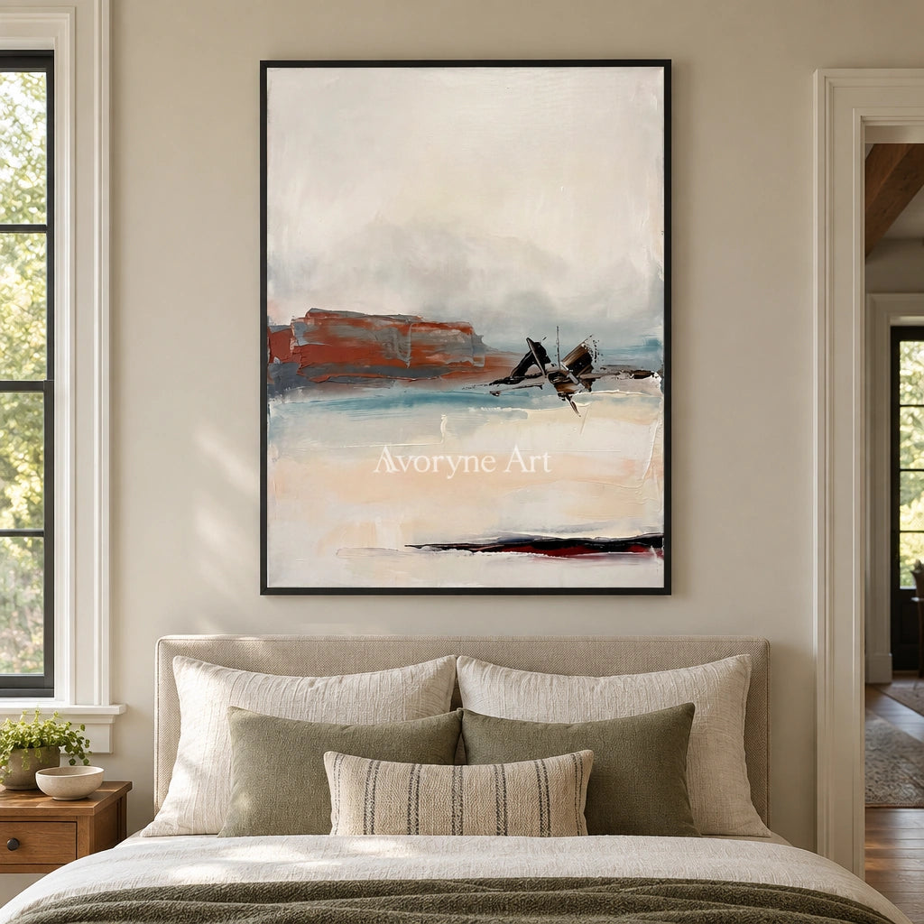 Pale Echo minimal landscape wall art with a black frame above a bed in a bedroom