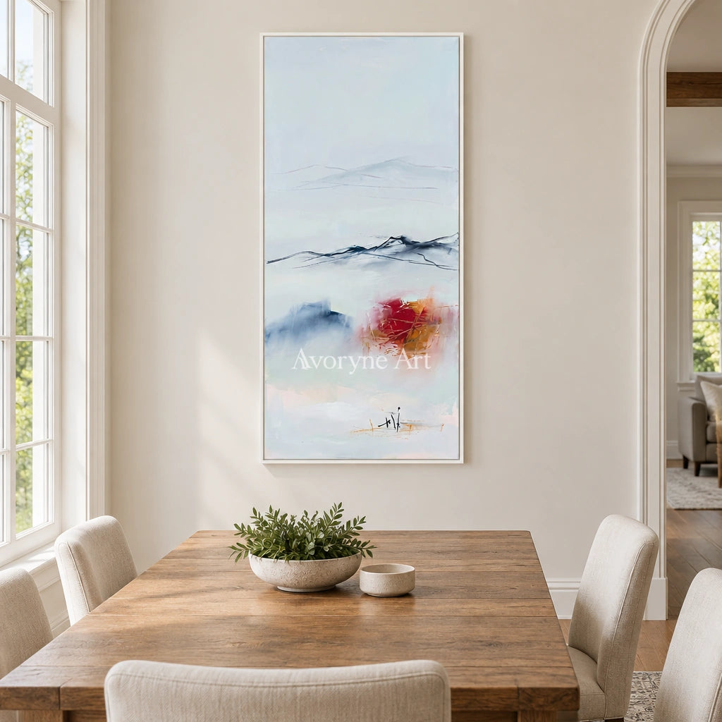 Pale Rhythm minimal landscape wall art with a white frame in a dining room