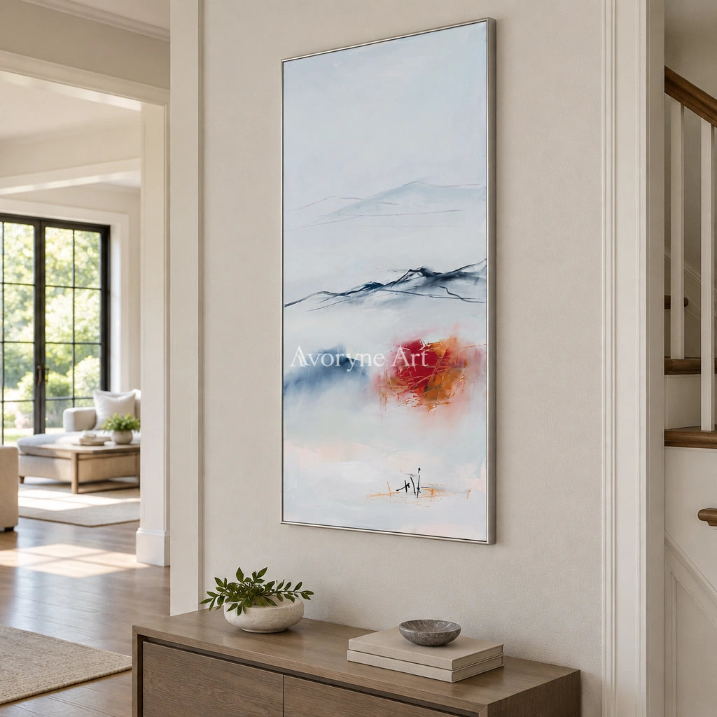 Pale Rhythm minimal landscape wall art with a silver frame in an entryway