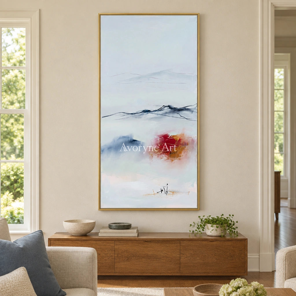 Pale Rhythm minimal landscape wall art with a gold frame hanging in a living room