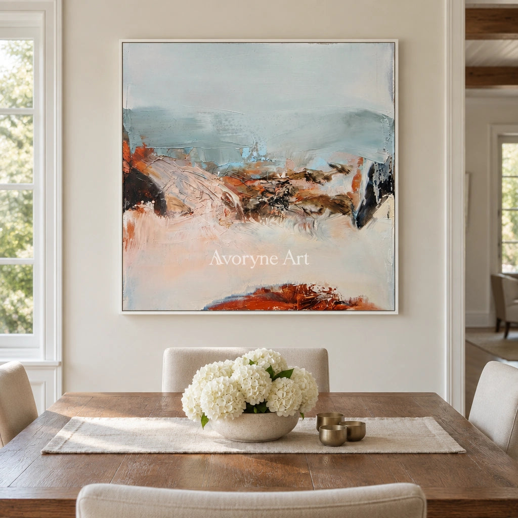 Pale Current minimal landscape wall art with a white frame in a dining room