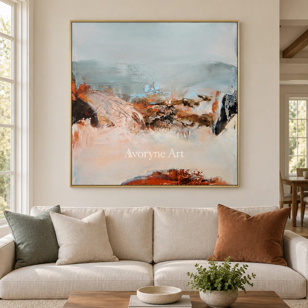Pale Current minimal landscape wall art with a gold frame hanging in a living room