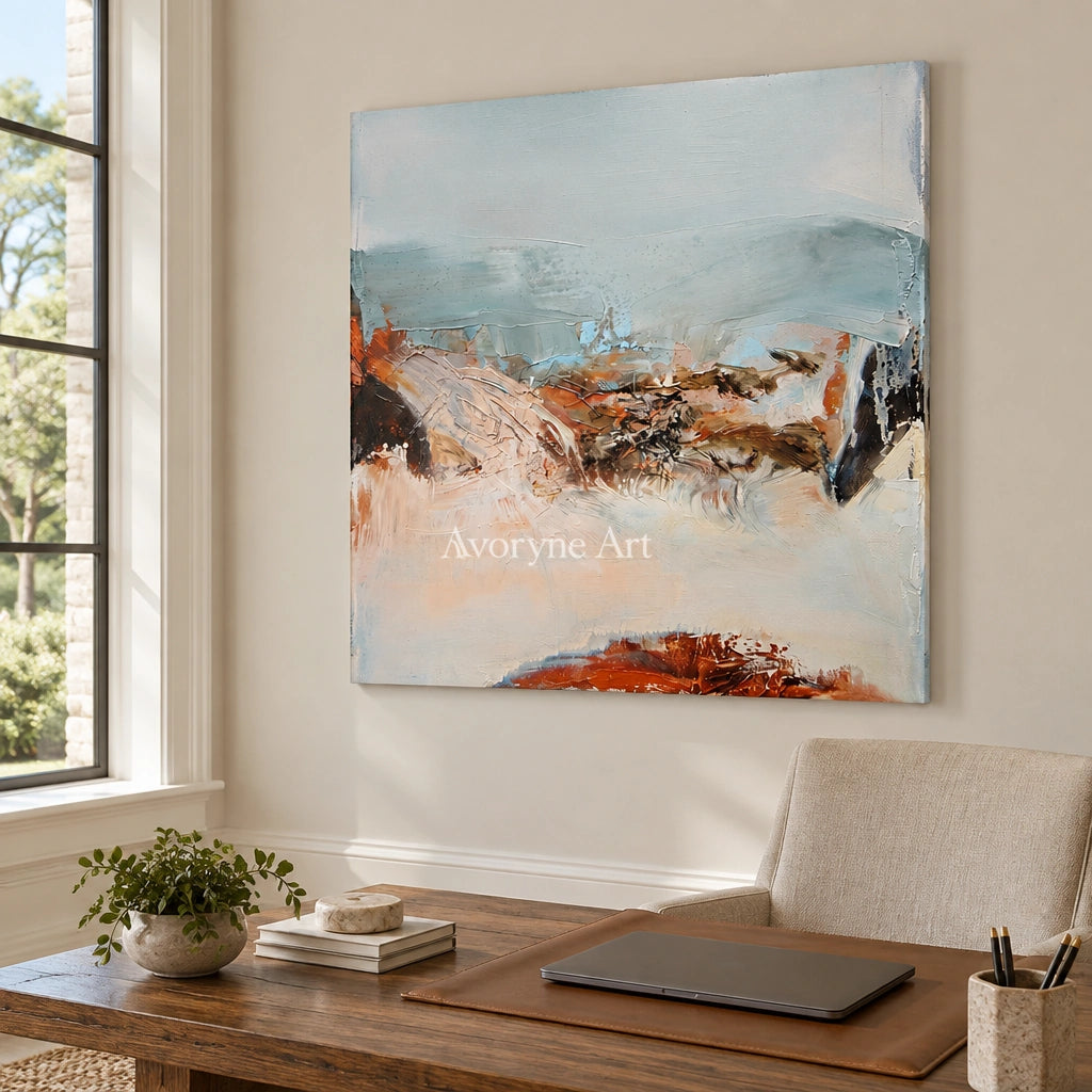 Pale Current minimal landscape wall art as a frameless stretched canvas in a home office