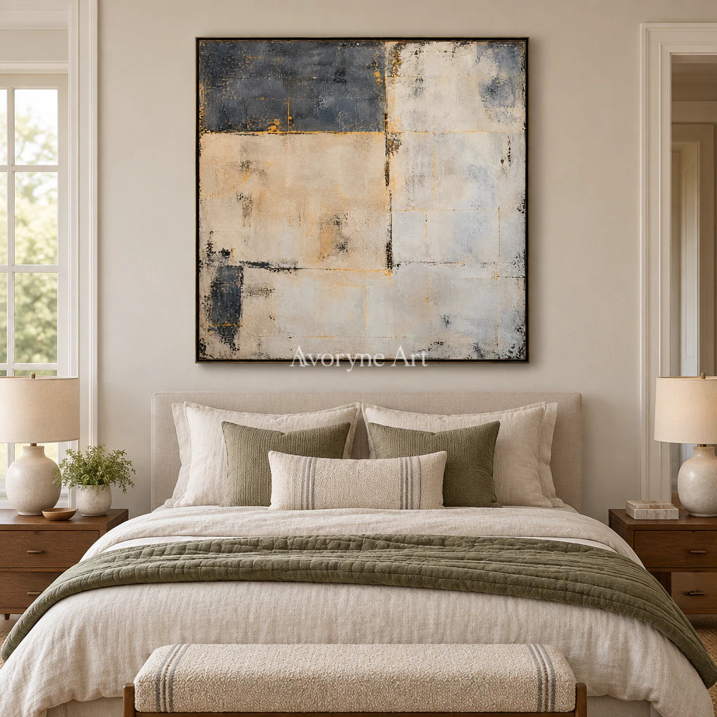 Quiet Masonry: Minimalist Beige Abstract Wall Art — bedroom black