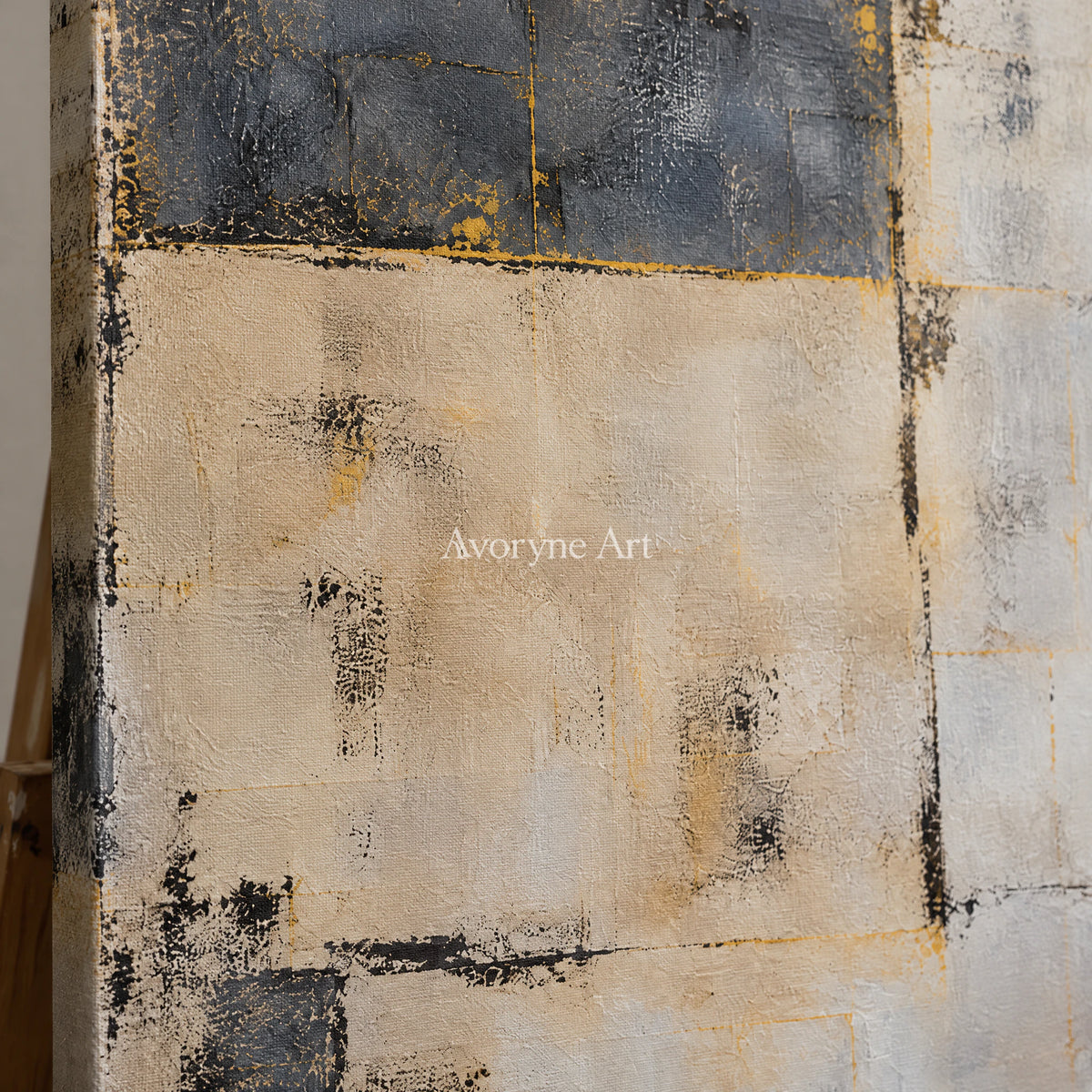 Quiet Masonry: Minimalist Beige Abstract Wall Art — detail easel