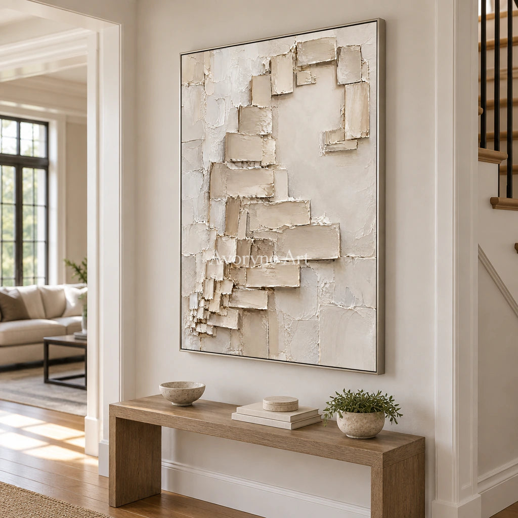 Quiet Ascent: Minimalist Beige Block Relief Wall Art — entry silver