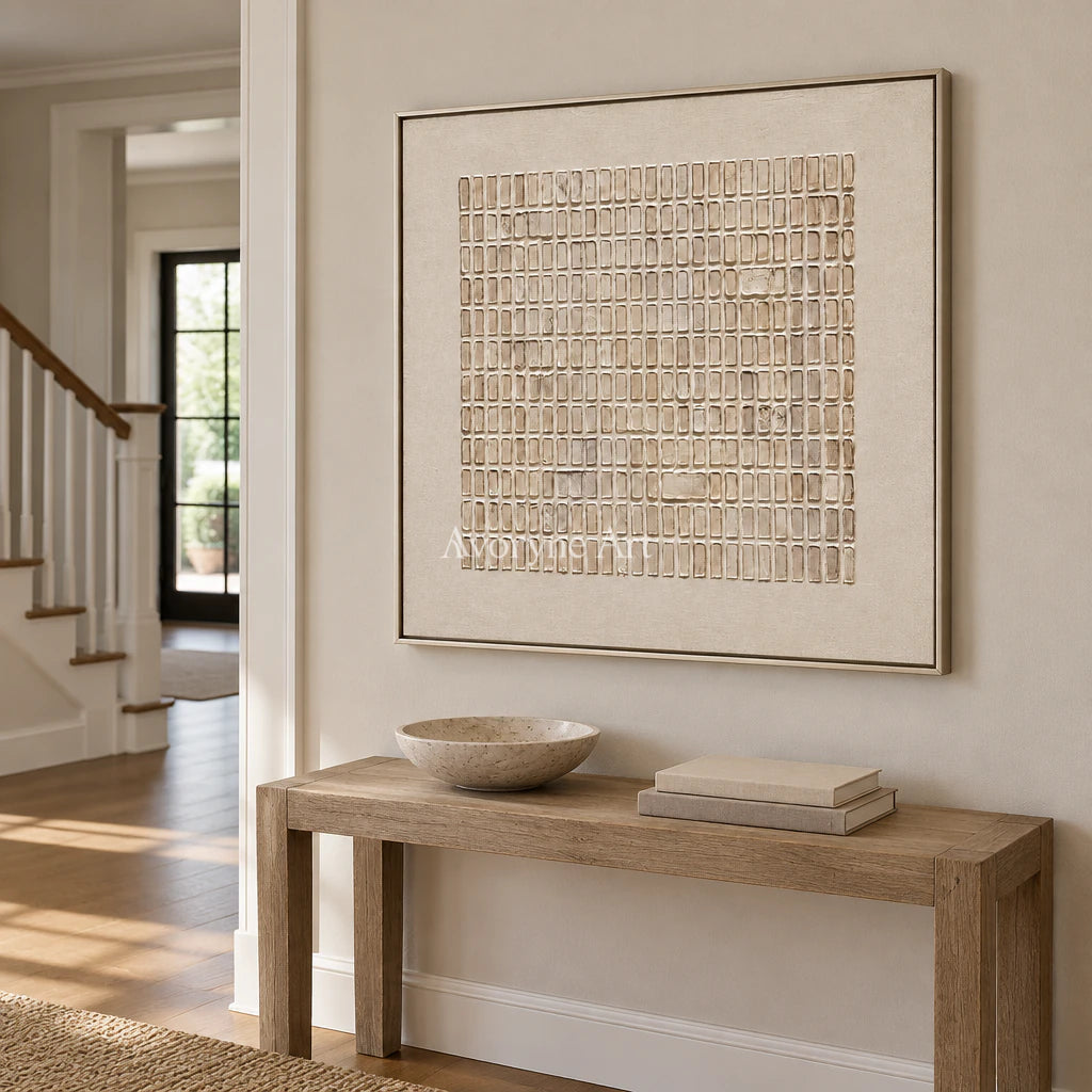 Woven Stillness: Minimalist Beige Grid Wall Art — entry silver