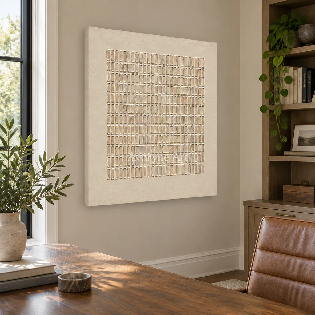 Woven Stillness: Minimalist Beige Grid Wall Art — office frameless