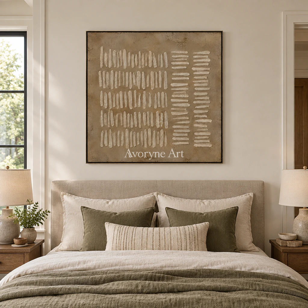 Woven Notation: Minimalist Beige Relief Wall Art — bedroom black