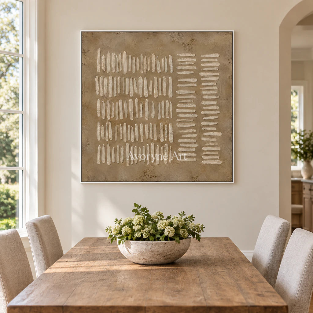 Woven Notation: Minimalist Beige Relief Wall Art — dining white