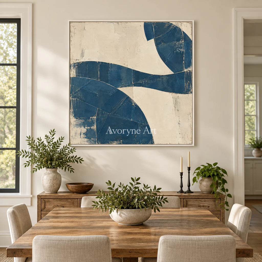 Indigo Interval: Minimalist Blue Abstract Wall Art — dining white