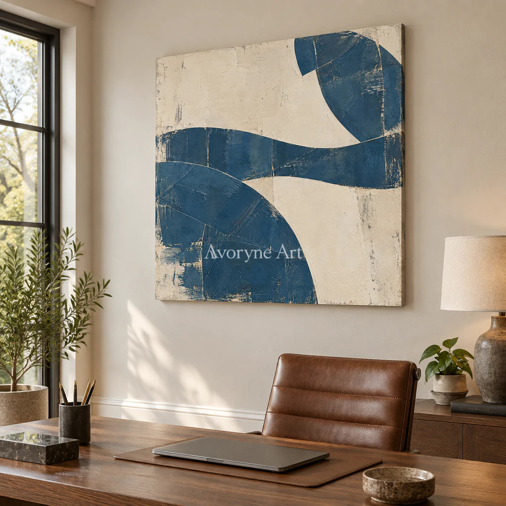 Indigo Interval: Minimalist Blue Abstract Wall Art — office frameless