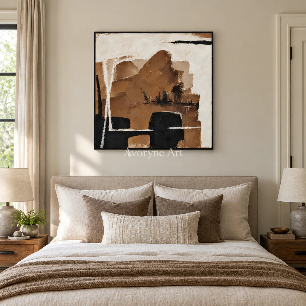 Umber Assembly: Minimalist Brown Abstract Wall Art — bedroom black