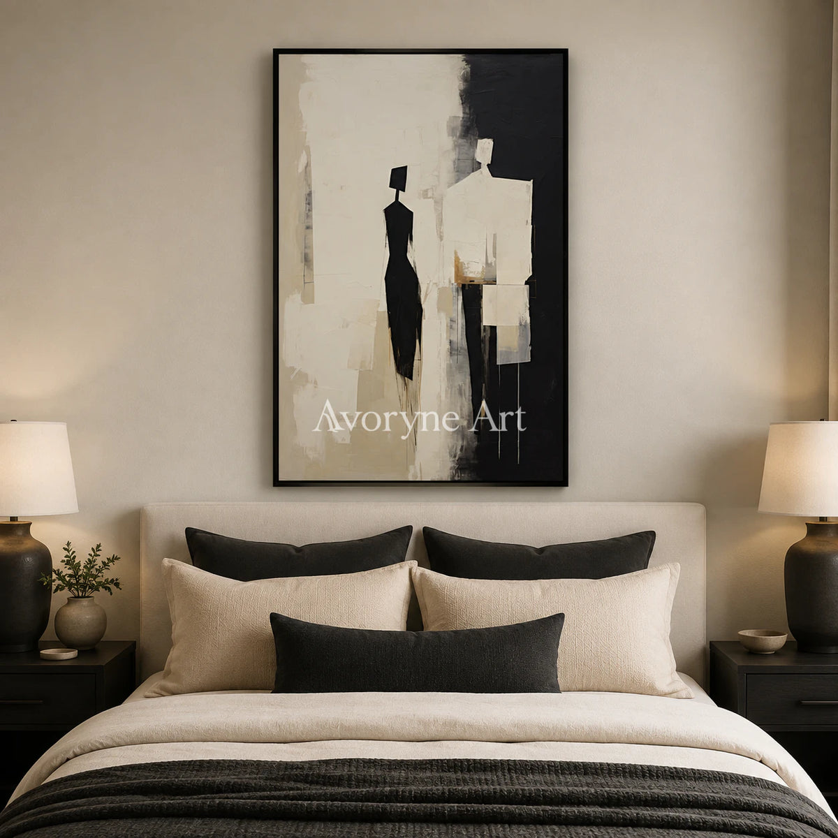 Between Figures: Minimalist Figurative Abstract Wall Art - bedroom black frame
