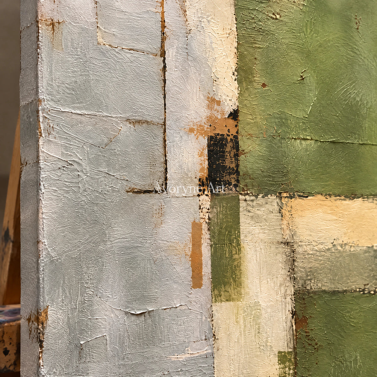 Olive Structure: Minimalist Green Abstract Wall Art — detail easel