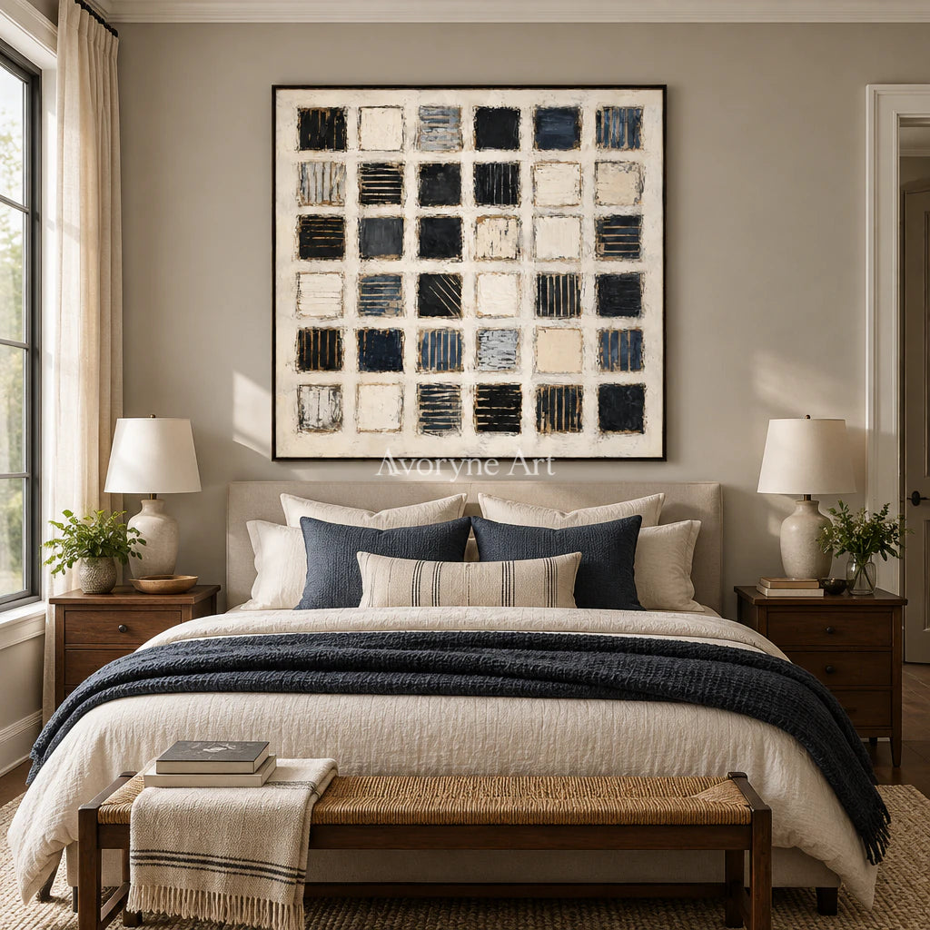 Checkered Pause: Minimalist Grid Abstract Wall Art — bedroom black