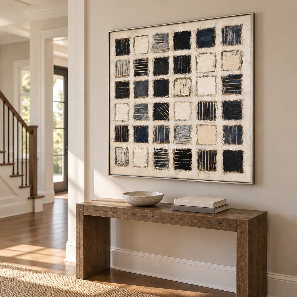 Checkered Pause: Minimalist Grid Abstract Wall Art — entry silver